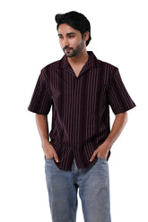 Cotton Poly Luxe Jacquard Stripe Bordeaux Maroon Cuban Collar Casual Shirt