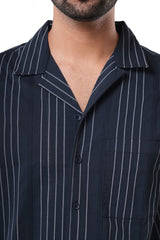 Deep Navy Blue 66% Cotton 30% Poly 4% Elastane Cuban Collar Shirt for Men | Jacquard Stripe Classic Fit Navy Shirt