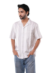Ivory White 66% Cotton 30% Poly 4% Elastane Cuban Collar Shirt for Men | Jacquard Stripe Casual Half Sleeve Cuben Collar Shirt