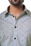 100% Cotton Slub Artisan Grid Print Mist Blue Casual Shirt
