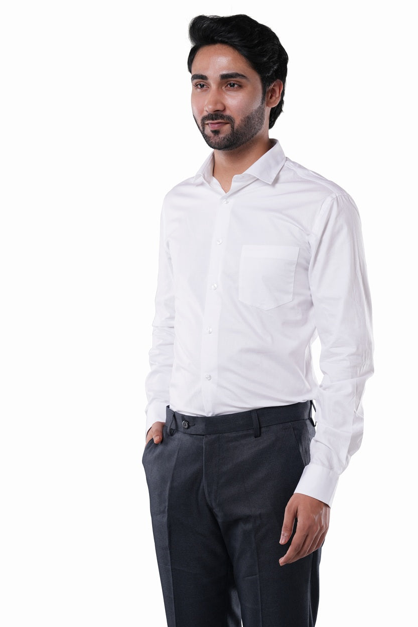 White 100% Cotton Diamond Dobby Formal Shirt for Men | Tangible Heritage Texture Classic Fit