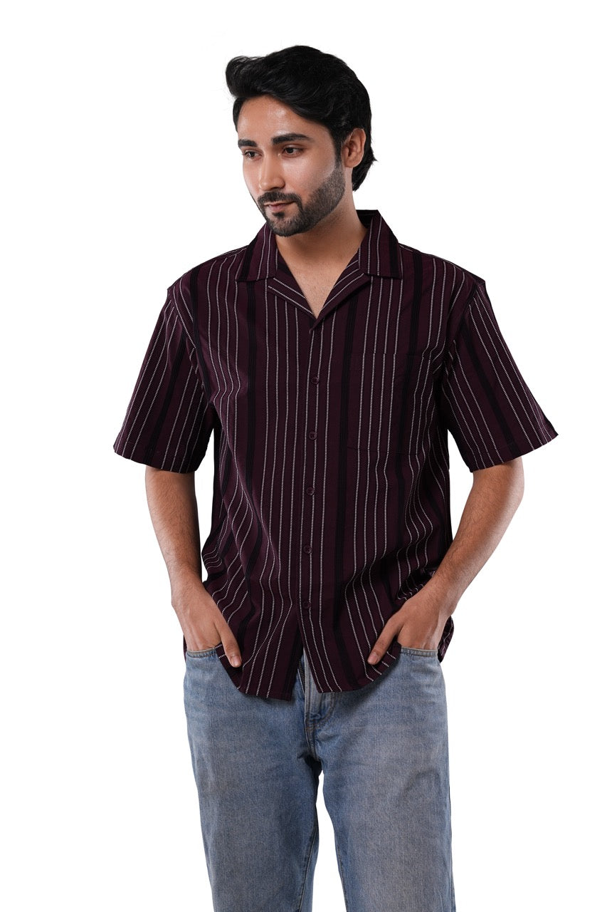 Cotton Poly Luxe Jacquard Stripe Bordeaux Maroon Cuban Collar Casual Shirt