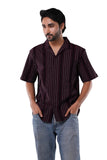 Cotton Poly Luxe Jacquard Stripe Bordeaux Maroon Cuban Collar Casual Shirt