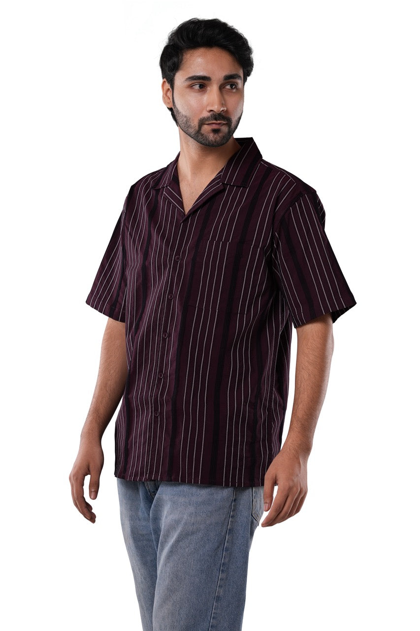 Cotton Poly Luxe Jacquard Stripe Bordeaux Maroon Cuban Collar Casual Shirt