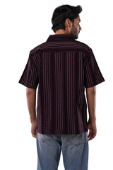 Bordeaux Maroon 66% Cotton 30% Poly 4% Elastane Cuban Collar Shirt | Jacquard Stripe Half Sleeve Shirt for Men