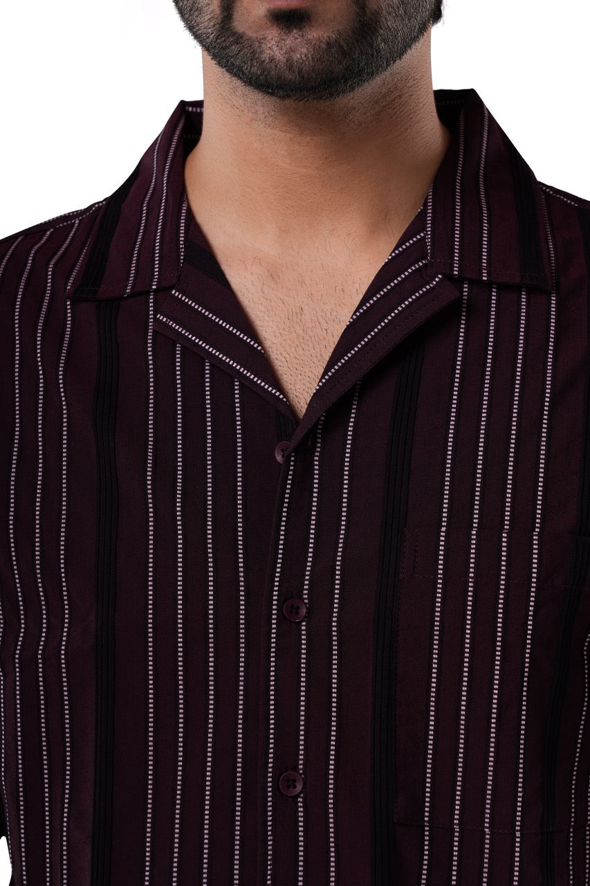 Bordeaux Maroon 66% Cotton 30% Poly 4% Elastane Cuban Collar Shirt | Jacquard Stripe Half Sleeve Shirt for Men