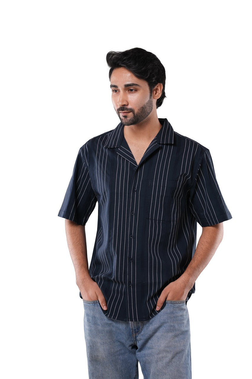 Deep Navy Blue 66% Cotton 30% Poly 4% Elastane Cuban Collar Shirt for Men |  Jacquard Stripe Classic Fit Navy Shirt