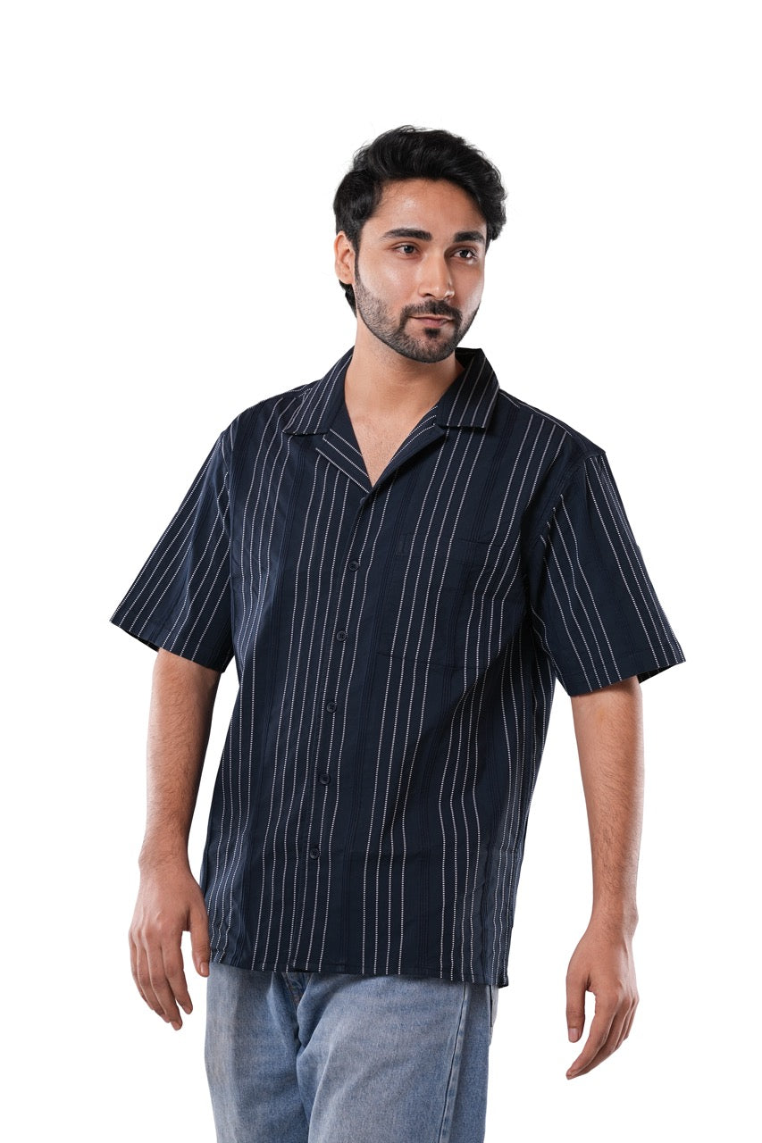 Deep Navy Blue 66% Cotton 30% Poly 4% Elastane Cuban Collar Shirt for Men |  Jacquard Stripe Classic Fit Navy Shirt