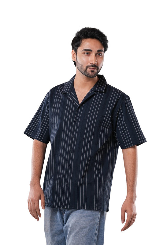 Deep Navy Blue 66% Cotton 30% Poly 4% Elastane Cuban Collar Shirt for Men |  Jacquard Stripe Classic Fit Navy Shirt