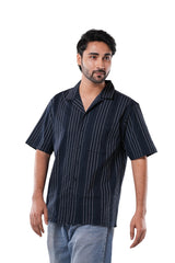 Deep Navy Blue 66% Cotton 30% Poly 4% Elastane Cuban Collar Shirt for Men |  Jacquard Stripe Classic Fit Navy Shirt
