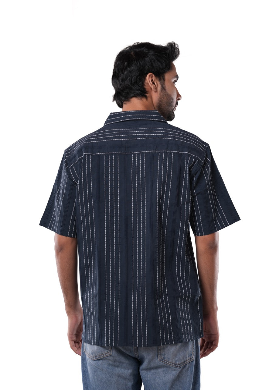 Cotton Poly Luxe Jacquard Stripe Deep Navy Cuban Collar Casual Shirt