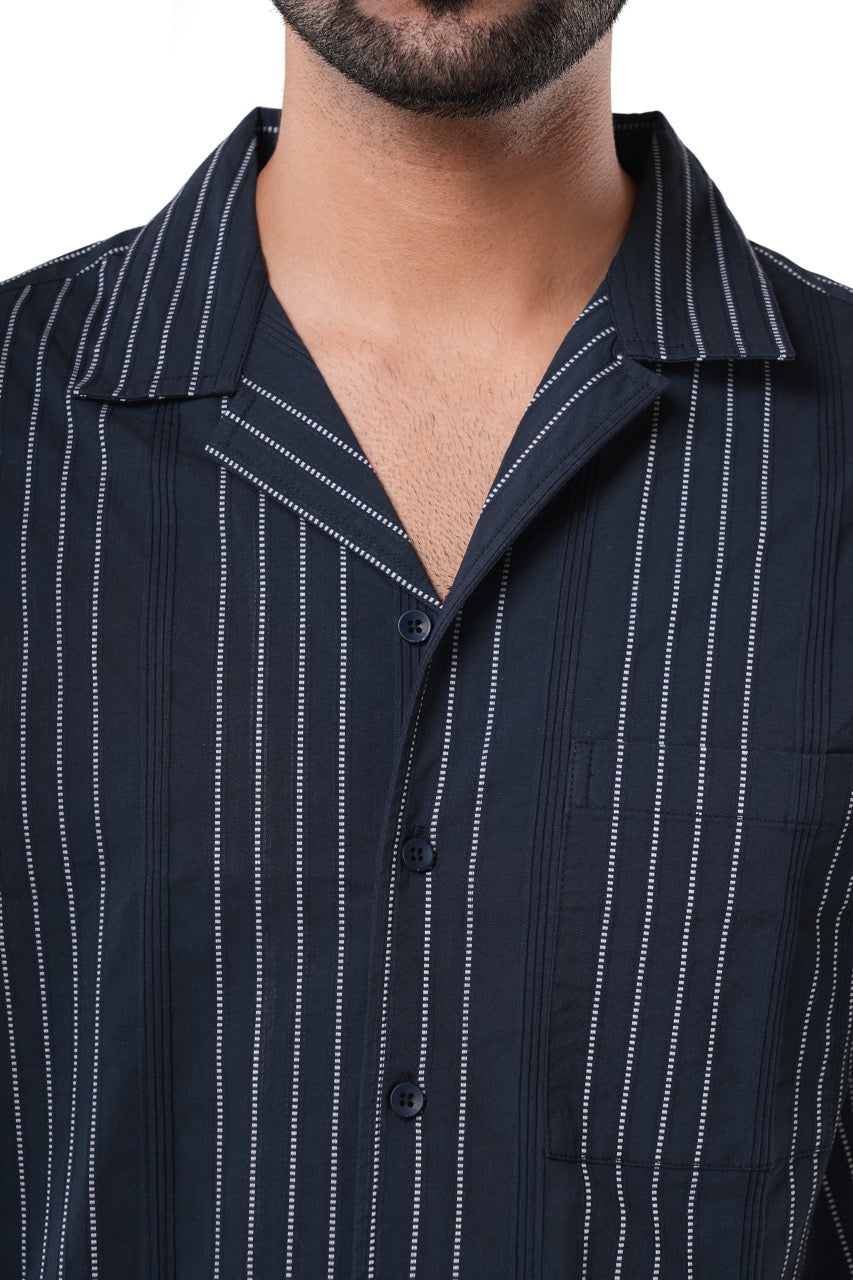 Deep Navy Blue 66% Cotton 30% Poly 4% Elastane Cuban Collar Shirt for Men |  Jacquard Stripe Classic Fit Navy Shirt