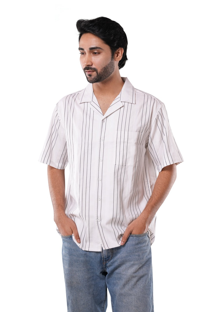 Ivory White 66% Cotton 30% Poly 4% Elastane Cuban Collar Shirt for Men | Jacquard Stripe Casual Half Sleeve Cuben Collar Shirt