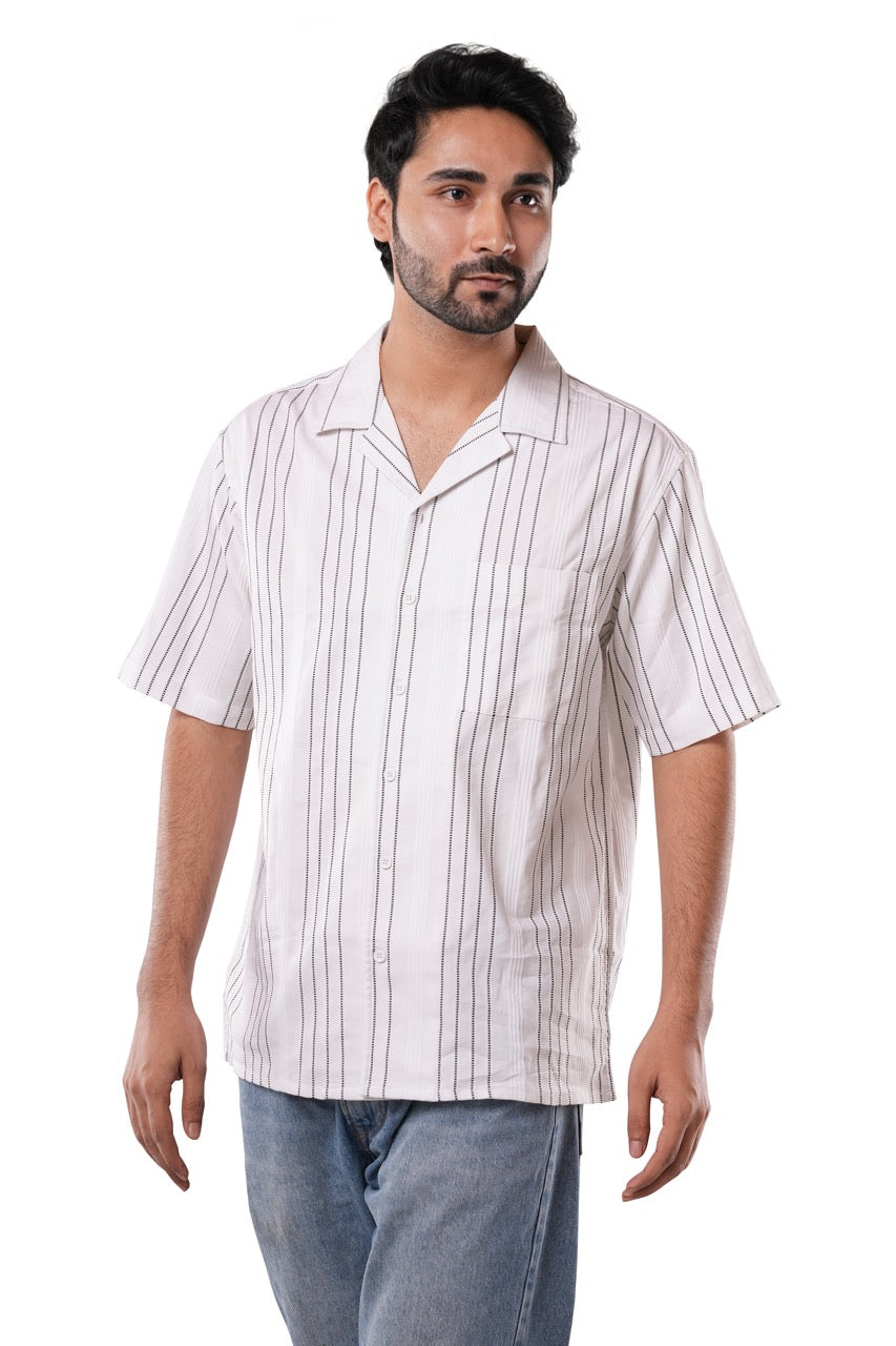 Cotton Poly Luxe Jacquard Stripe Ivory White Cuban Collar Casual Shirt