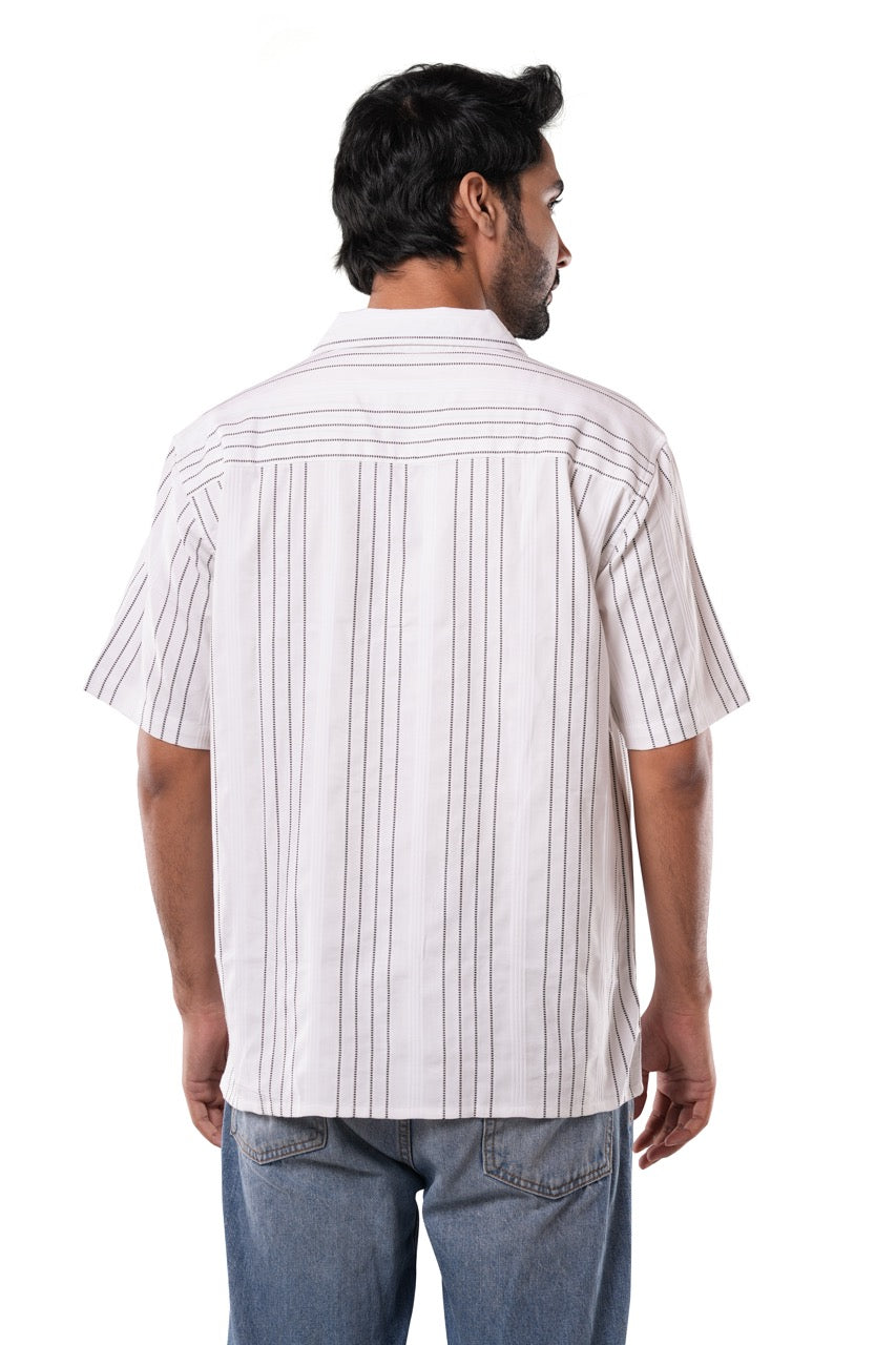 Cotton Poly Luxe Jacquard Stripe Ivory White Cuban Collar Casual Shirt