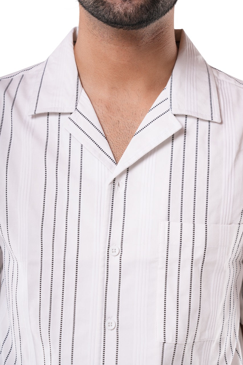 Cotton Poly Luxe Jacquard Stripe Ivory White Cuban Collar Casual Shirt