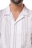 Cotton Poly Luxe Jacquard Stripe Ivory White Cuban Collar Casual Shirt