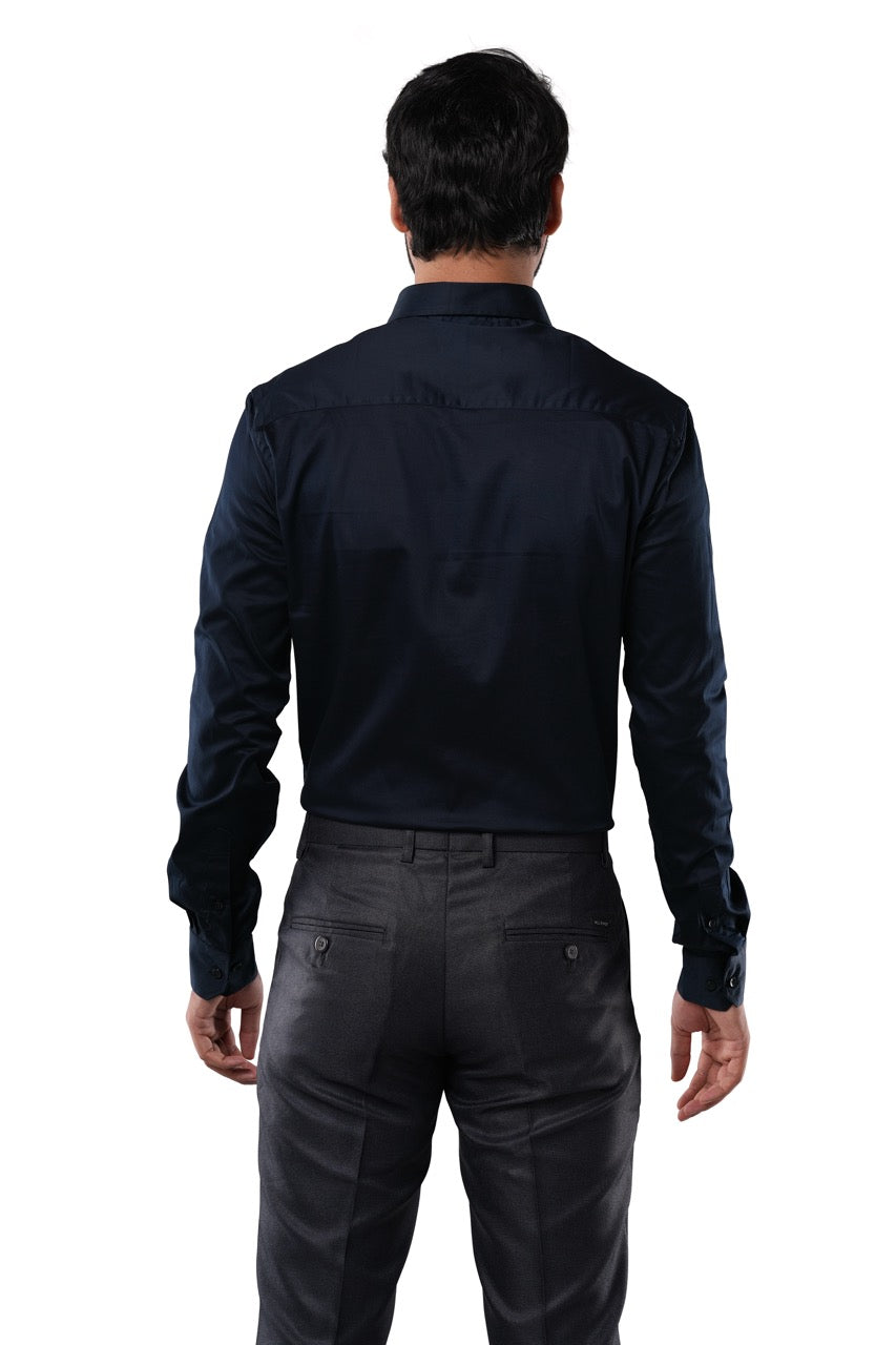 Midnight Navy 98% Cotton 2% Elastane Full Sleeve Formal Shirt for Men | Tangible Luxe Satin Finish Classic Fit Shirt