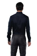 Midnight Navy 98% Cotton 2% Elastane Full Sleeve Formal Shirt for Men | Tangible Luxe Satin Finish Classic Fit Shirt