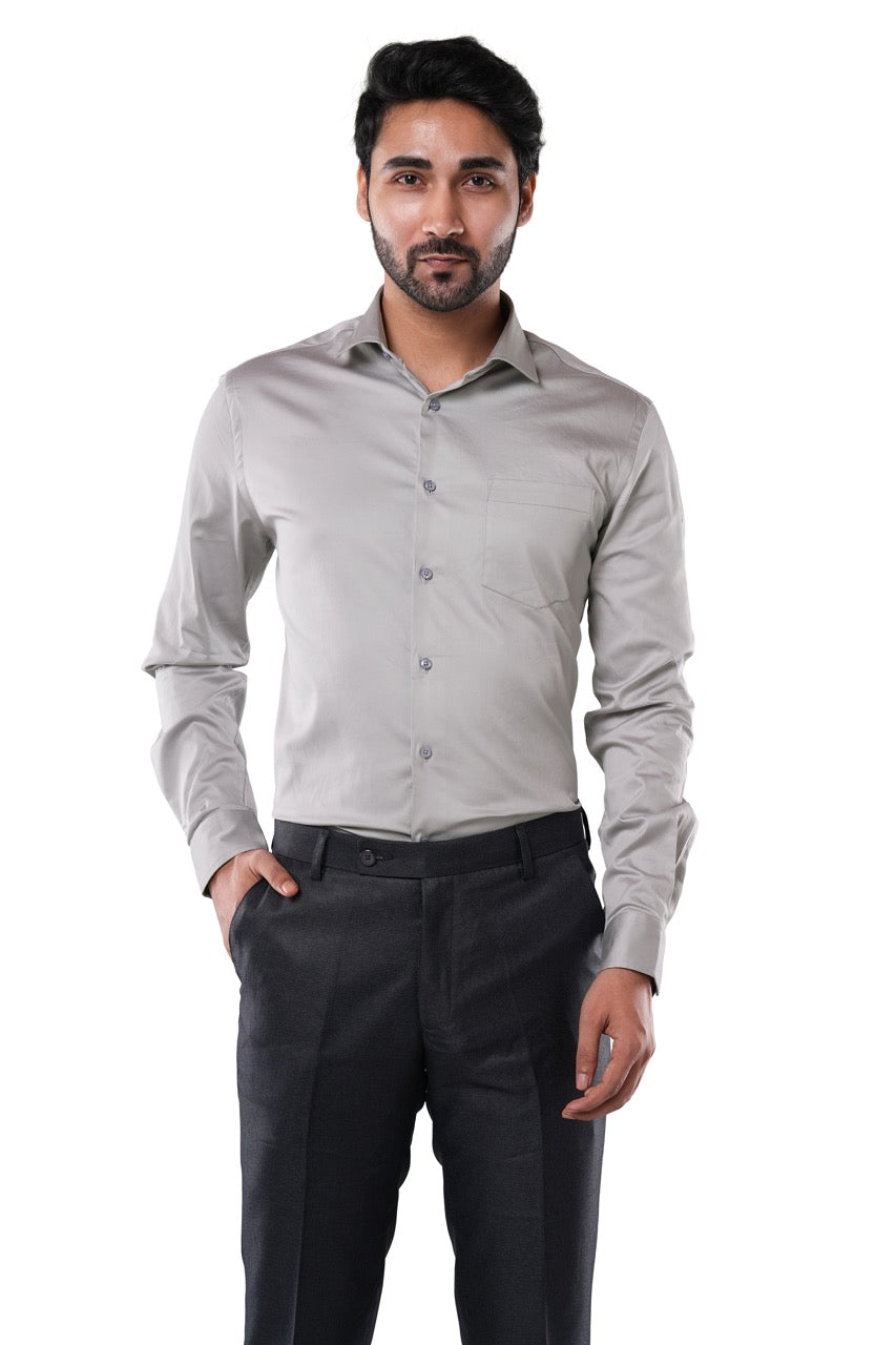 Cotton Elastane Luxe Satin Stone Taupe Formal Shirt