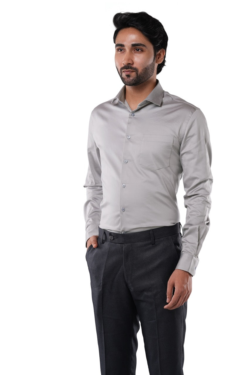 Cotton Elastane Luxe Satin Stone Taupe Formal Shirt
