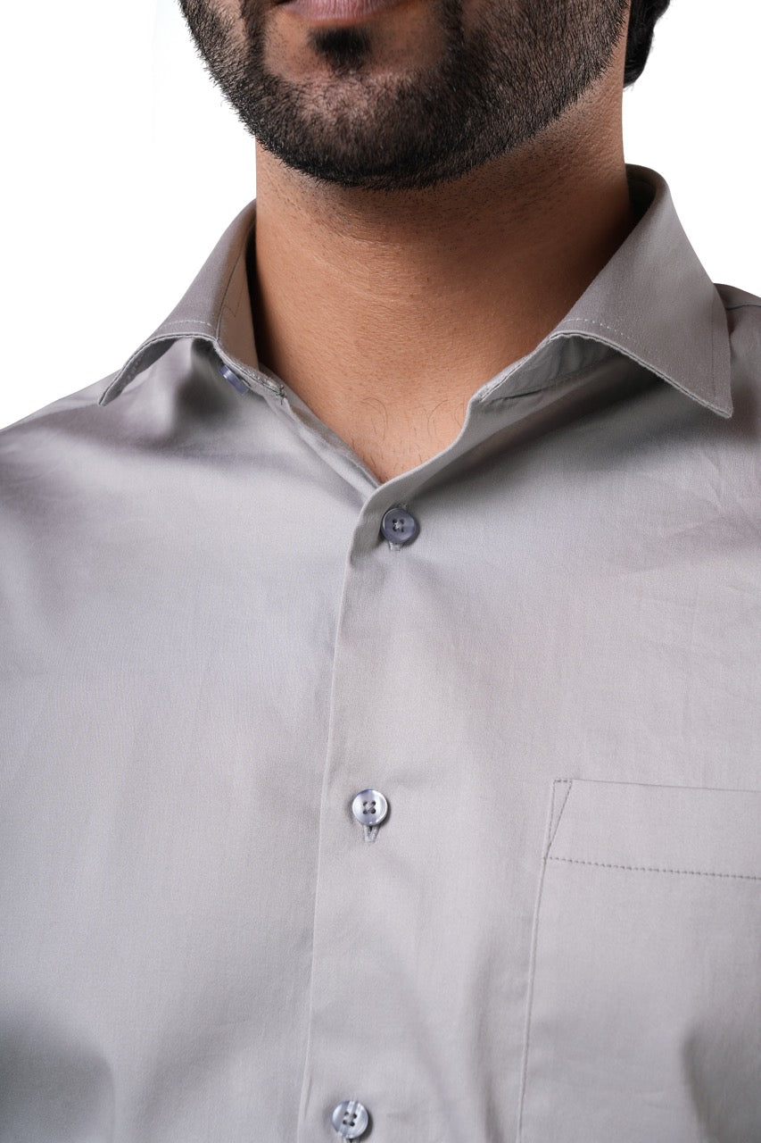 Stone Taupe 98% Cotton 2% Elastane Full Sleeve Formal Shirt for Men | Tangible Luxe Satin Finish Classic Fit Shirt