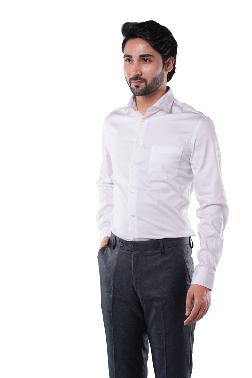 Cotton Elastane Luxe Satin Pearl White Formal Shirt