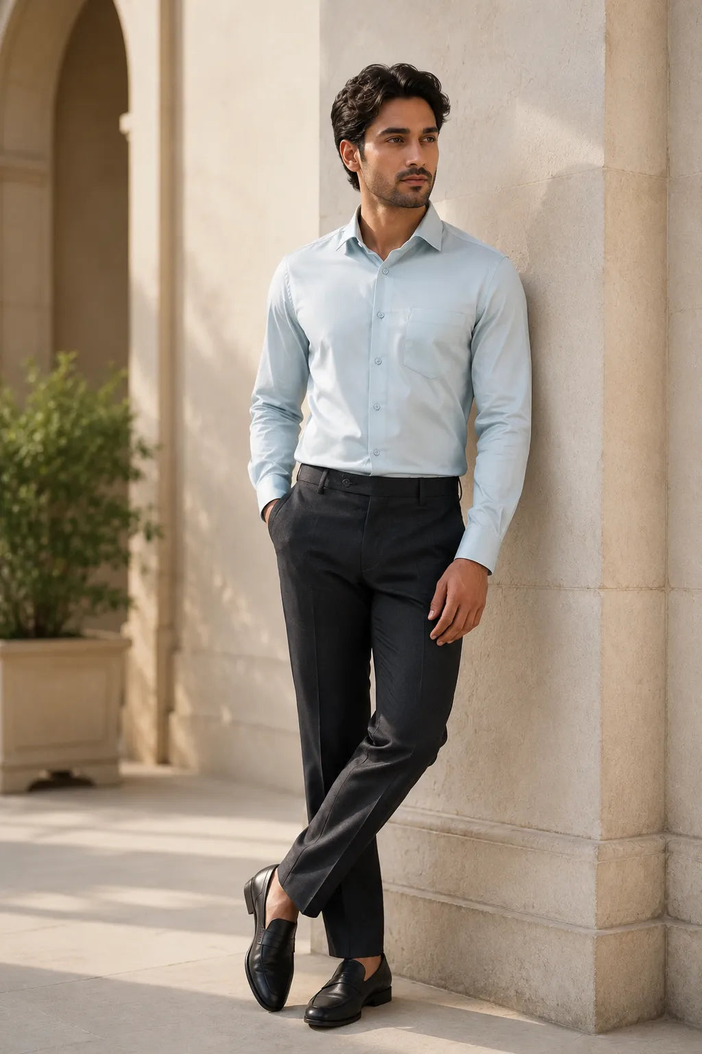 Mist Blue 98% Cotton 2% Elastane Full Sleeve Formal Shirt for Men | Tangible Luxe Satin Finish Classic Fit Shirt