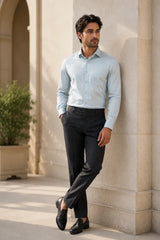 Mist Blue 98% Cotton 2% Elastane Full Sleeve Formal Shirt for Men | Tangible Luxe Satin Finish Classic Fit Shirt