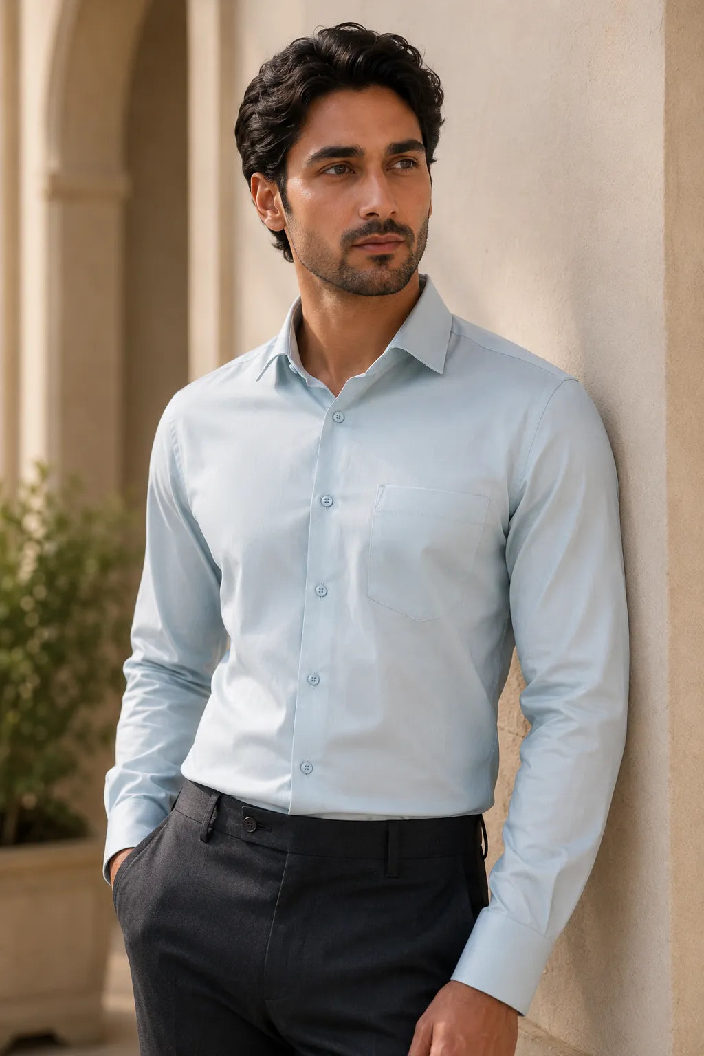 Mist Blue 98% Cotton 2% Elastane Full Sleeve Formal Shirt for Men | Tangible Luxe Satin Finish Classic Fit Shirt
