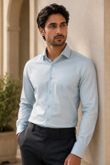 Mist Blue 98% Cotton 2% Elastane Full Sleeve Formal Shirt for Men | Tangible Luxe Satin Finish Classic Fit Shirt