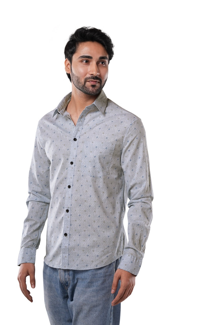 100% Cotton Slub Artisan Grid Print Mist Blue Casual Shirt