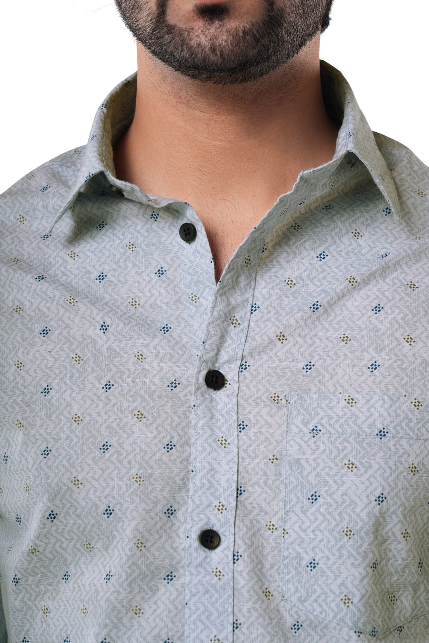 100% Cotton Slub Artisan Grid Print Mist Blue Casual Shirt