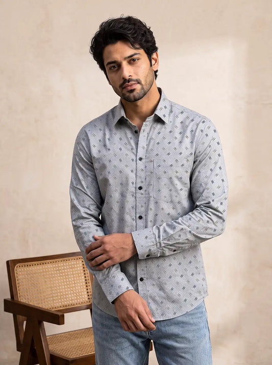 Marine Blue Printed Cotton Casual Shirt