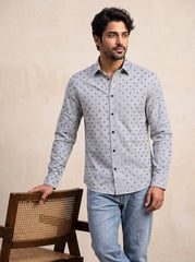 Marine Blue Printed Cotton Casual Shirt