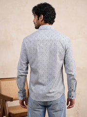Marine Blue Printed Cotton Casual Shirt