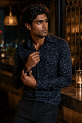 Deep Indigo 100% Cotton Navy Blue Floral Print Shirt for Men | Riviera Slub Casual Classic Fit Floral Shirt