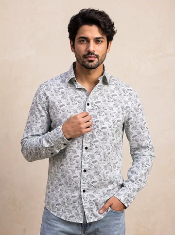 Porcelain White Printed Cotton Casual Shirt