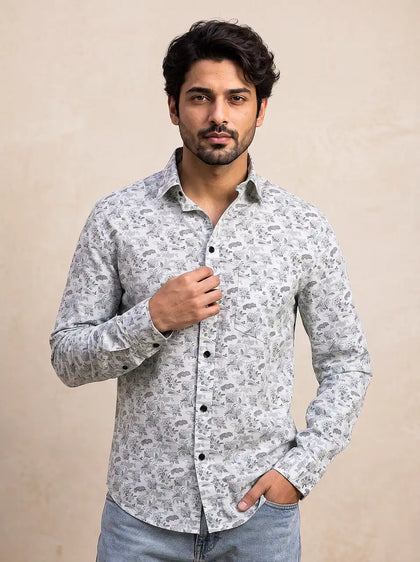 Porcelain White Printed Cotton Casual Shirt