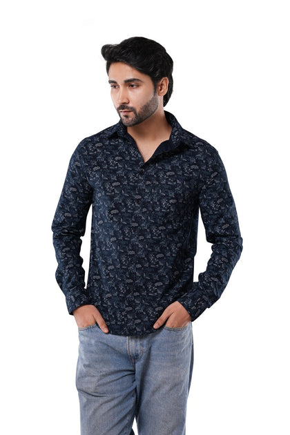 Deep Indigo Printed Cotton Casual Shirt