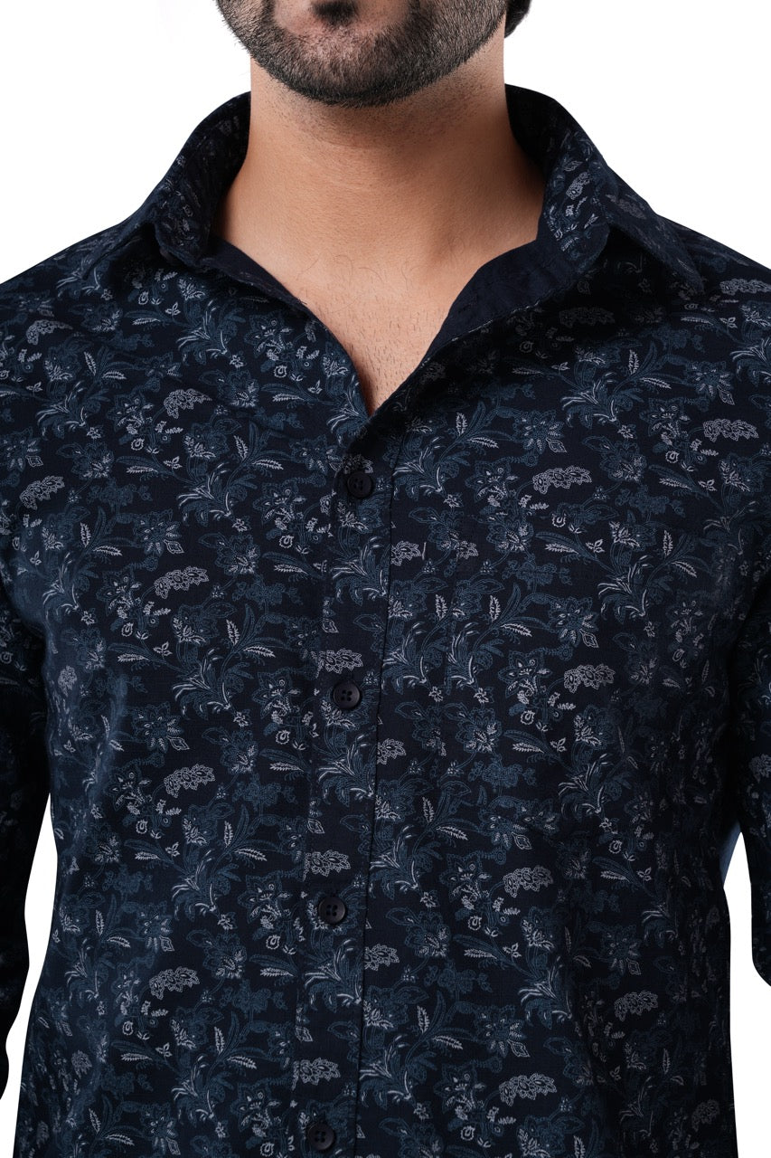 100% Cotton Slub Riviera Floral Print Deep Indigo Casual Shirt