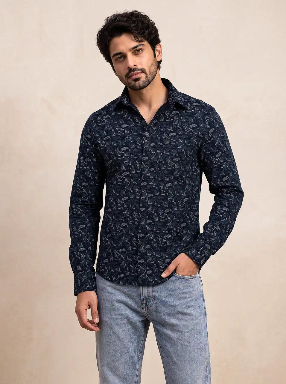 Deep Indigo Printed Cotton Casual Shirt