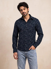Deep Indigo Printed Cotton Casual Shirt