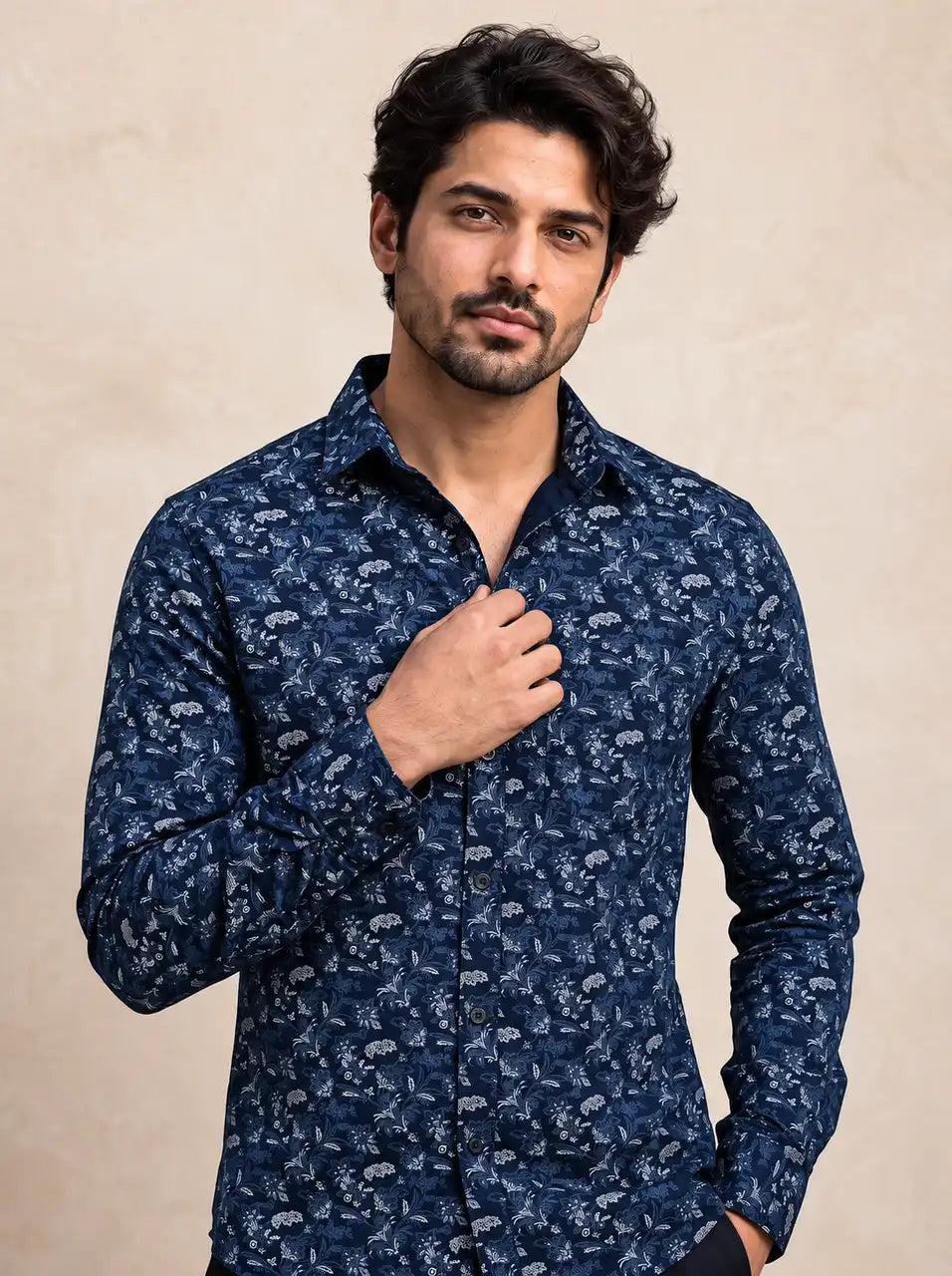 Deep Indigo Printed Cotton Casual Shirt