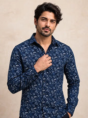 Deep Indigo Printed Cotton Casual Shirt