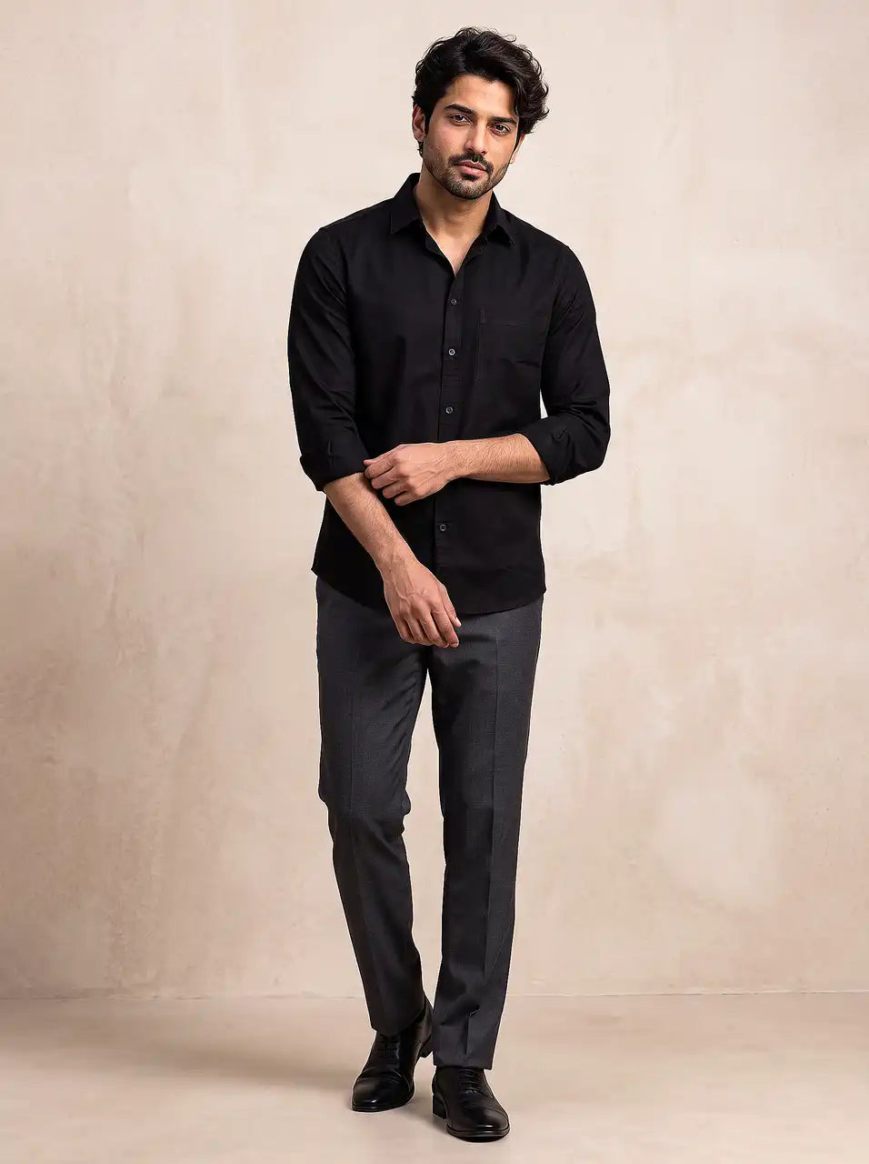 Midnight Black Slub Cotton Casual Shirt