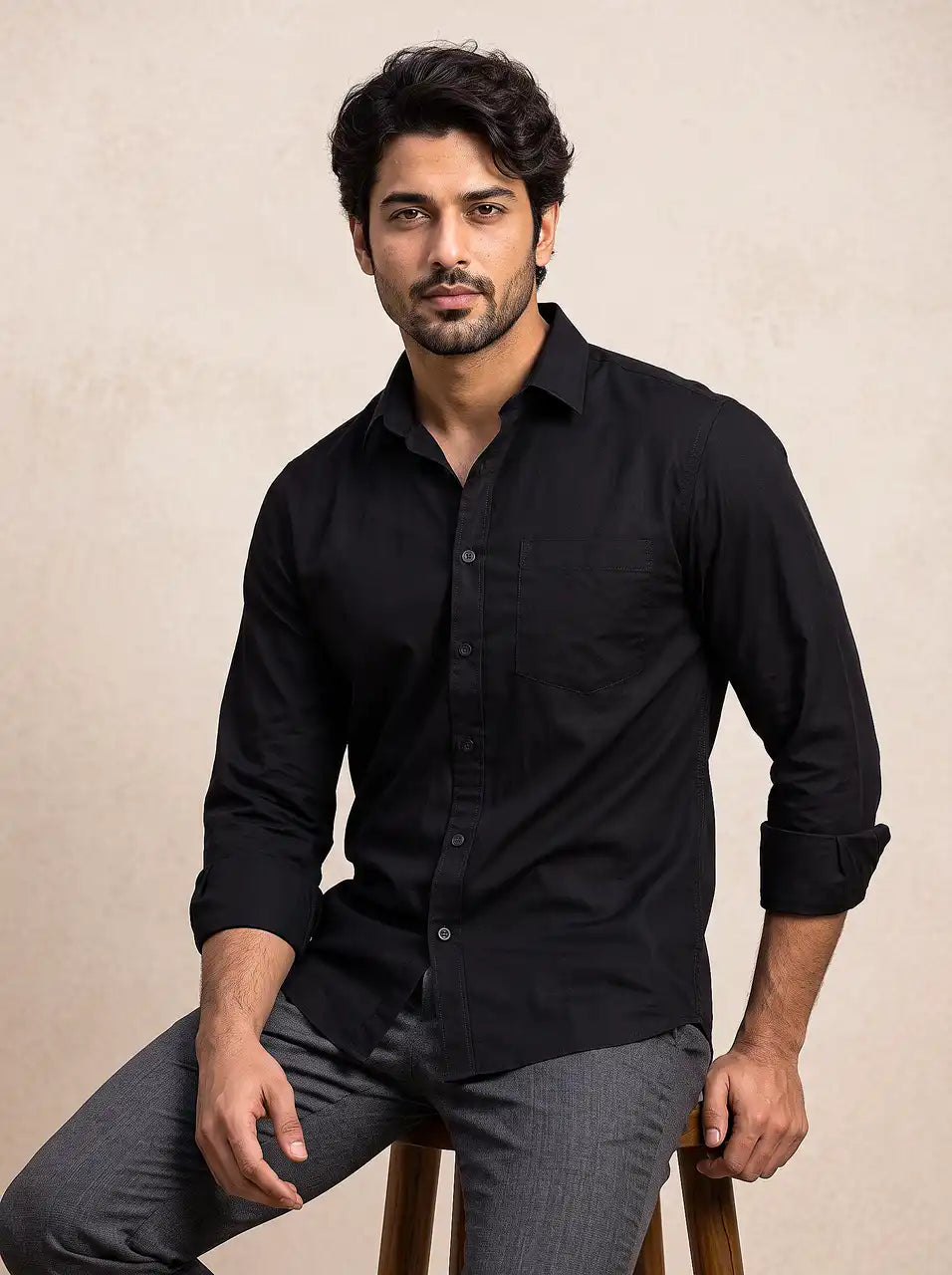 Midnight Black Slub Cotton Casual Shirt