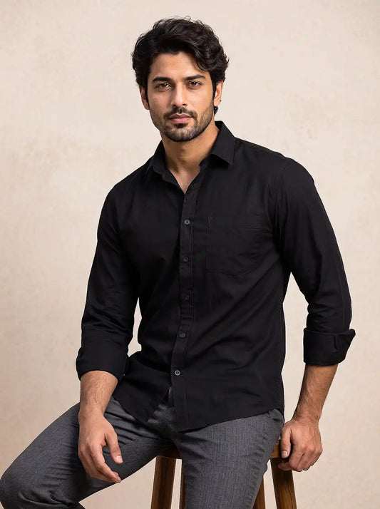 Midnight Black Slub Cotton Casual Shirt