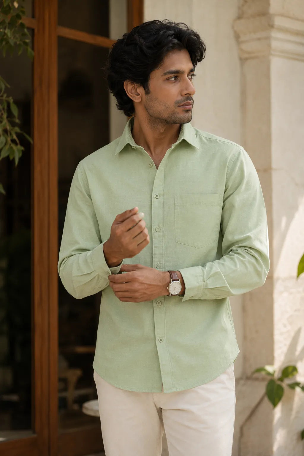 Sage Mist 100% Slub Cotton Green Shirt for Men | Tangible Casual Long Sleeve Classic Fit