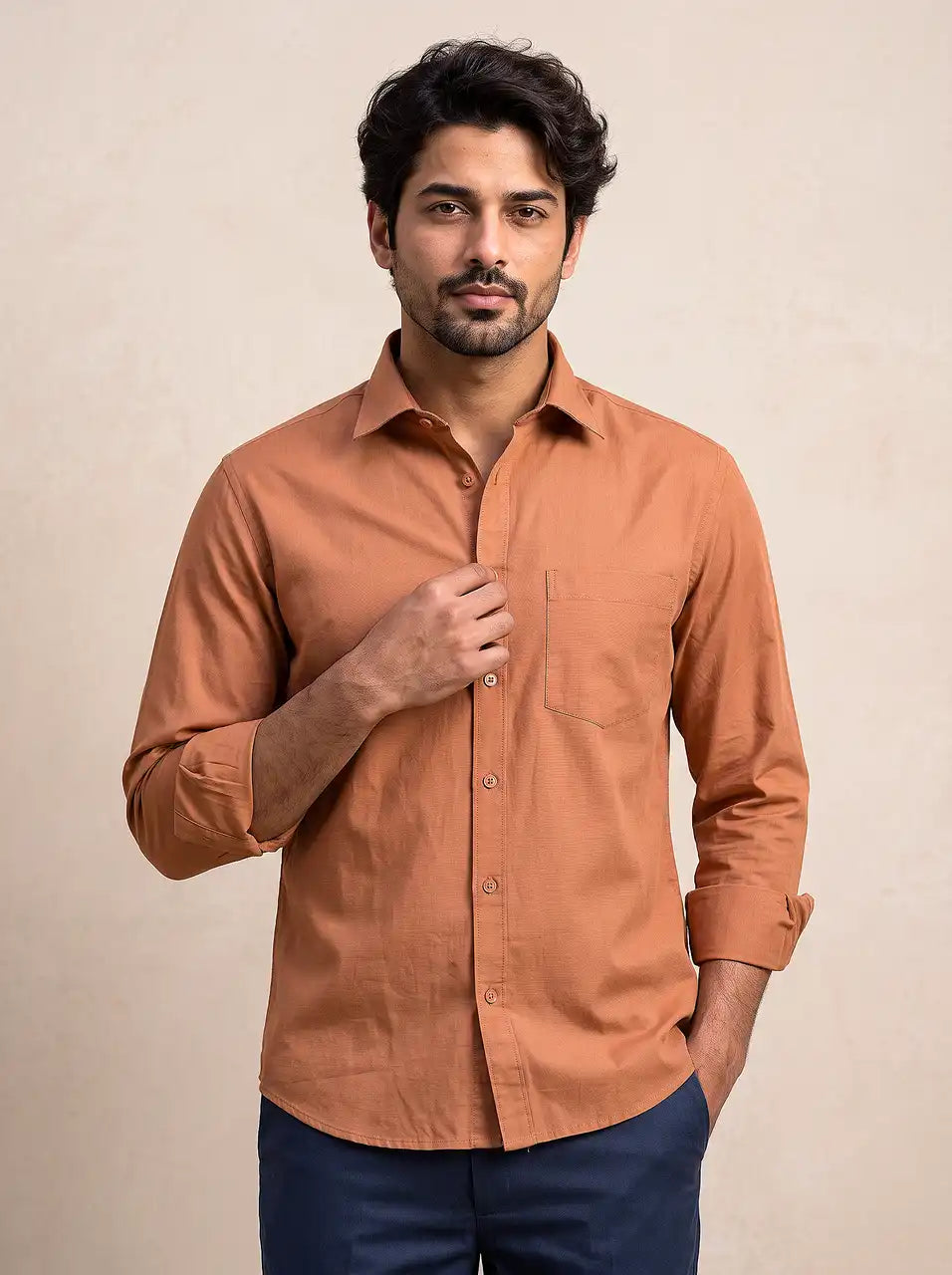 Amber Brown Slub Cotton Casual Shirt